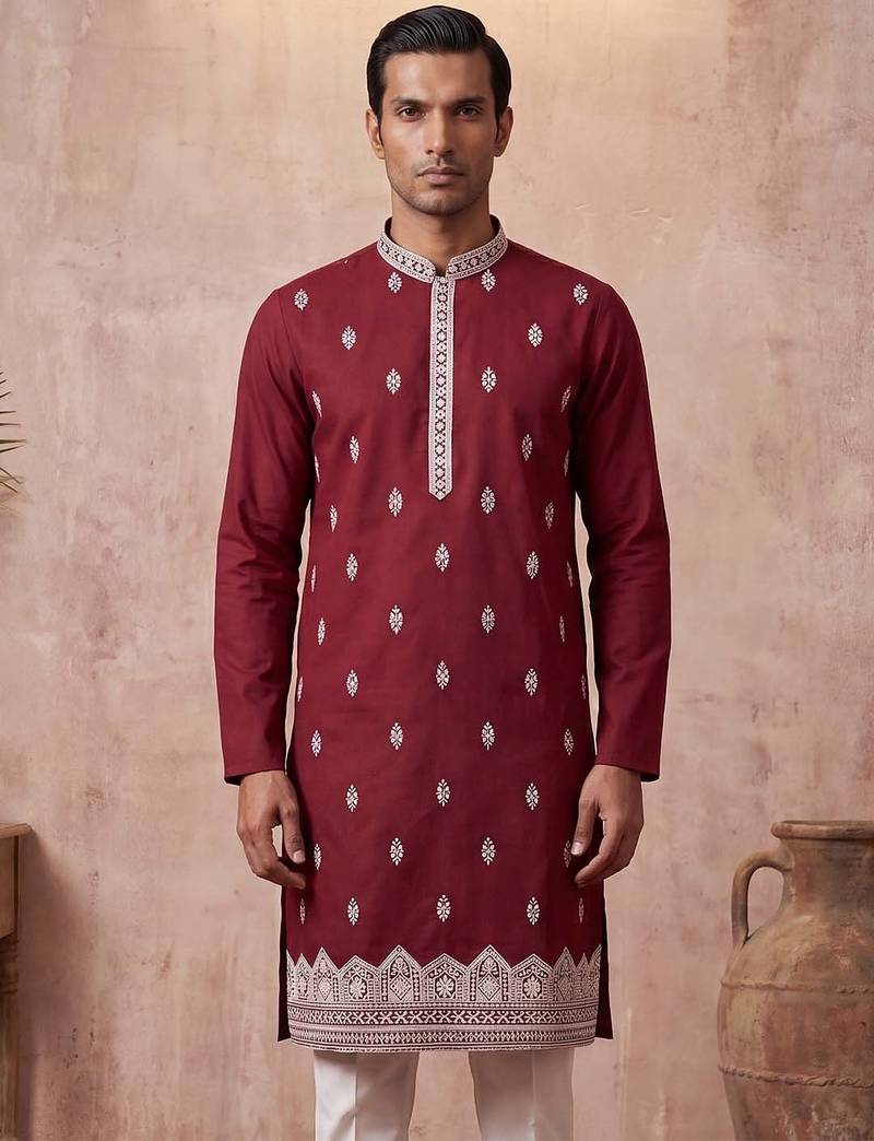 Mens silk blend maroon solid embroidered calf length straight kurta with trousers