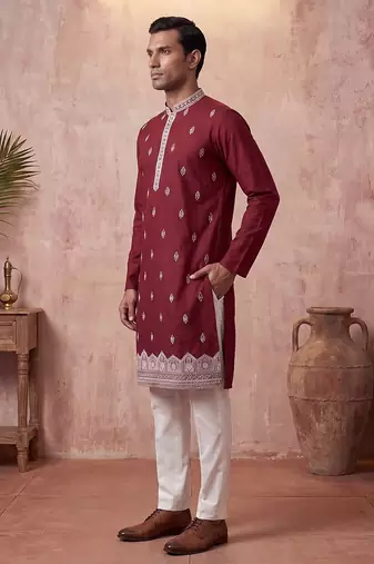 Mens silk blend maroon solid embroidered calf length straight kurta with trousers
