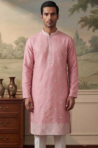 Mens silk blend pink solid embroidered calf length straight kurta with trousers