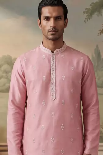 Mens silk blend pink solid embroidered calf length straight kurta with trousers