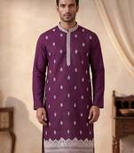 Mens silk blend purple solid embroidered calf length straight kurta with trousers