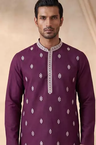 Mens silk blend purple solid embroidered calf length straight kurta with trousers