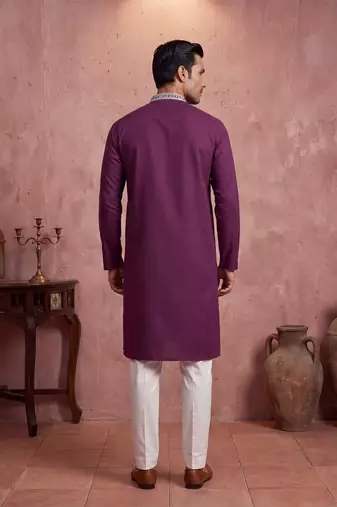 Mens silk blend purple solid embroidered calf length straight kurta with trousers