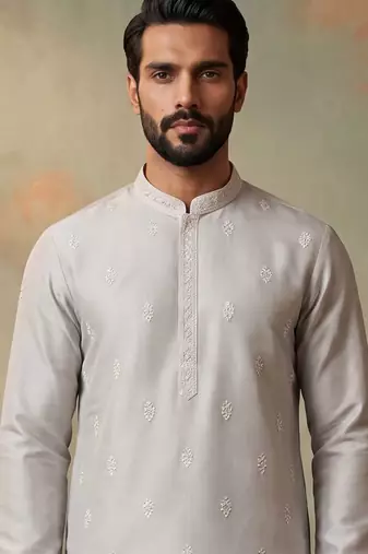 Mens silk blend silver solid embroidered calf length straight kurta with trousers