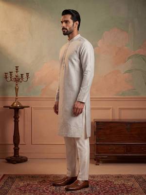 Mens silk blend silver solid embroidered calf length straight kurta with trousers 4