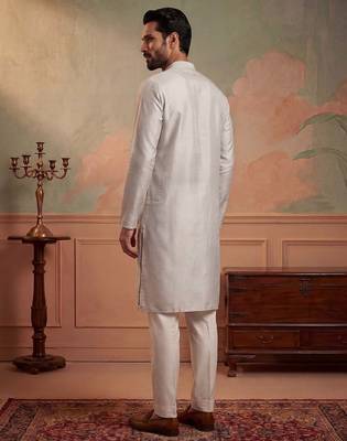 Mens silk blend silver solid embroidered calf length straight kurta with trousers 5