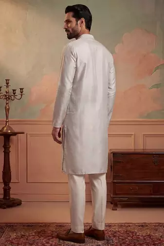 Mens silk blend silver solid embroidered calf length straight kurta with trousers