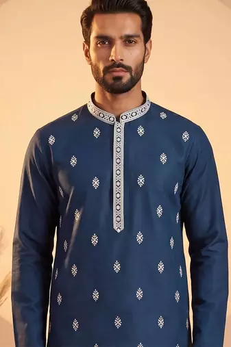 Mens silk blend blue solid embroidered calf length straight kurta with trousers