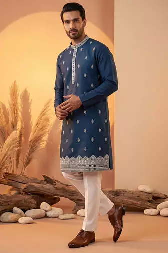 Mens silk blend blue solid embroidered calf length straight kurta with trousers