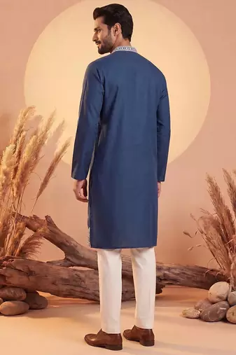Mens silk blend blue solid embroidered calf length straight kurta with trousers