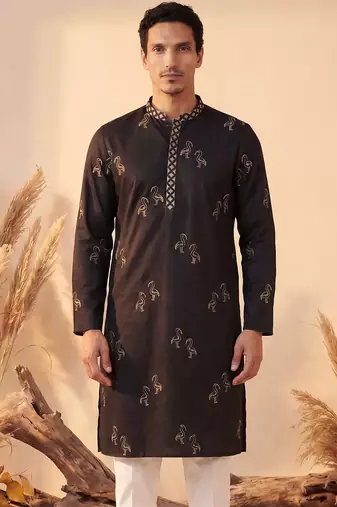 Mens black silk blend solid embroidered kurta with trousers