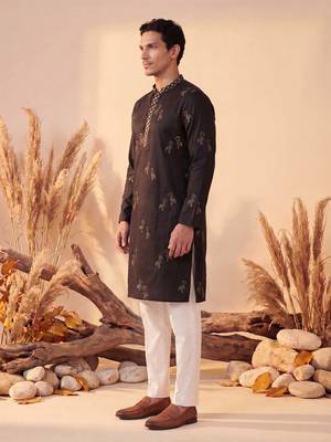 Mens black silk blend solid embroidered kurta with trousers 3