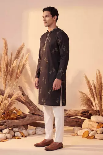 Mens black silk blend solid embroidered kurta with trousers