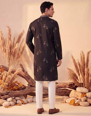 Mens black silk blend solid embroidered kurta with trousers 4
