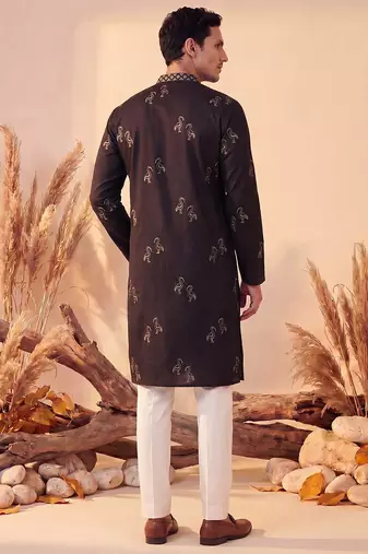 Mens black silk blend solid embroidered kurta with trousers