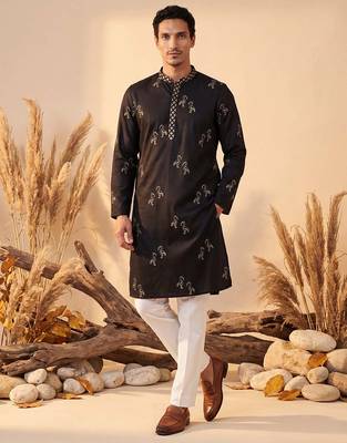 Mens black silk blend solid embroidered kurta with trousers 5