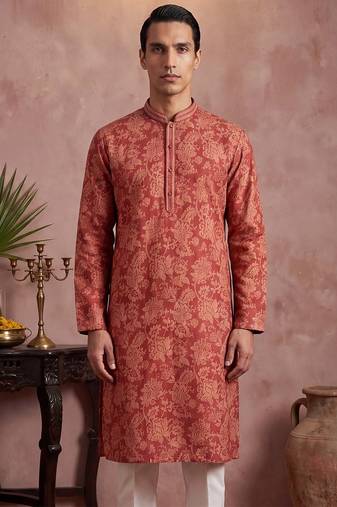 Mens red silk blend floral printed kurta with trousers