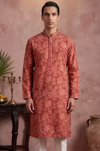 Mens red silk blend floral printed kurta with trousers