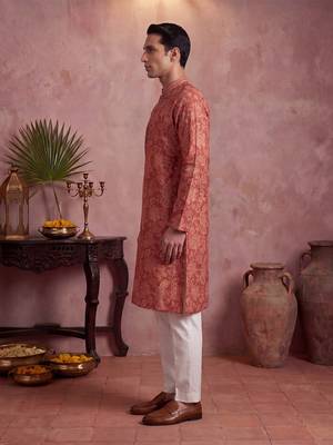 Mens red silk blend floral printed kurta with trousers 3