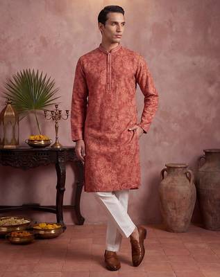 Mens red silk blend floral printed kurta with trousers 5