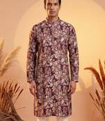 Mens purple viscose rayon floral printed kurta with trousers