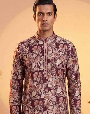 Mens purple viscose rayon floral printed kurta with trousers 2