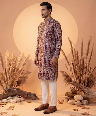 Mens purple viscose rayon floral printed kurta with trousers 3