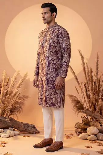 Mens purple viscose rayon floral printed kurta with trousers