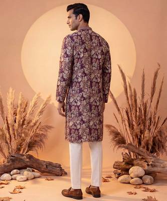 Mens purple viscose rayon floral printed kurta with trousers 4