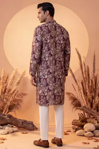Mens purple viscose rayon floral printed kurta with trousers