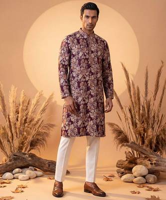 Mens purple viscose rayon floral printed kurta with trousers 5