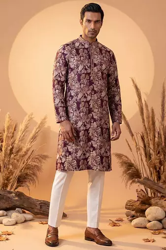 Mens purple viscose rayon floral printed kurta with trousers