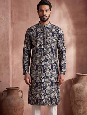 Mens blue viscose rayon floral printed kurta with trousers 1