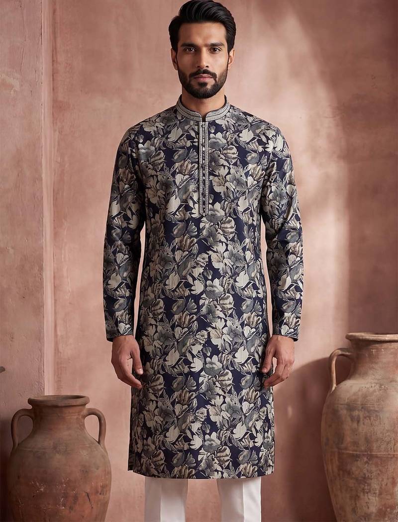 Mens blue viscose rayon floral printed kurta with trousers