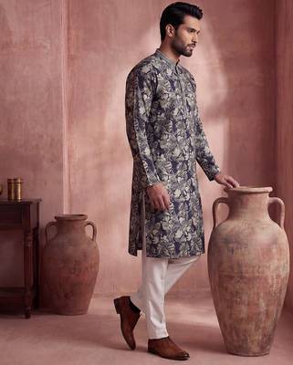 Mens blue viscose rayon floral printed kurta with trousers 3