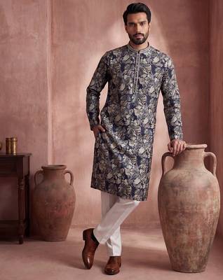 Mens blue viscose rayon floral printed kurta with trousers 5