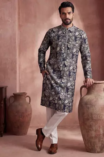 Mens blue viscose rayon floral printed kurta with trousers