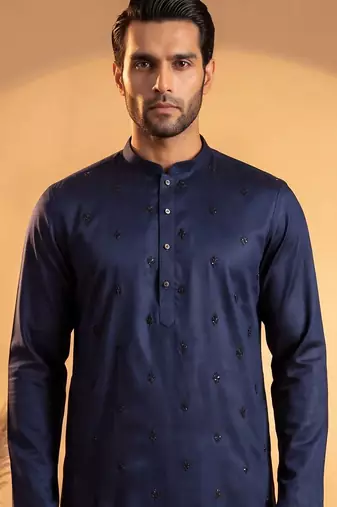 Mens blue silk blend solid embroidered kurta with trousers