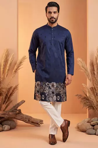 Mens blue silk blend solid embroidered kurta with trousers