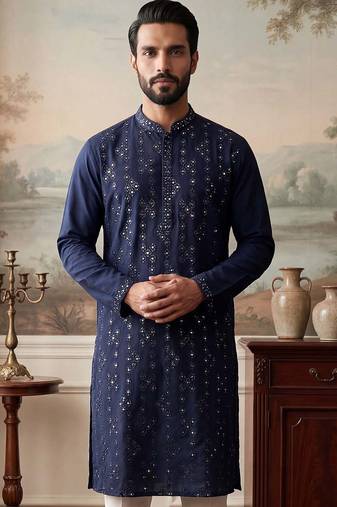 Mens blue silk blend solid embroidered kurta with trousers