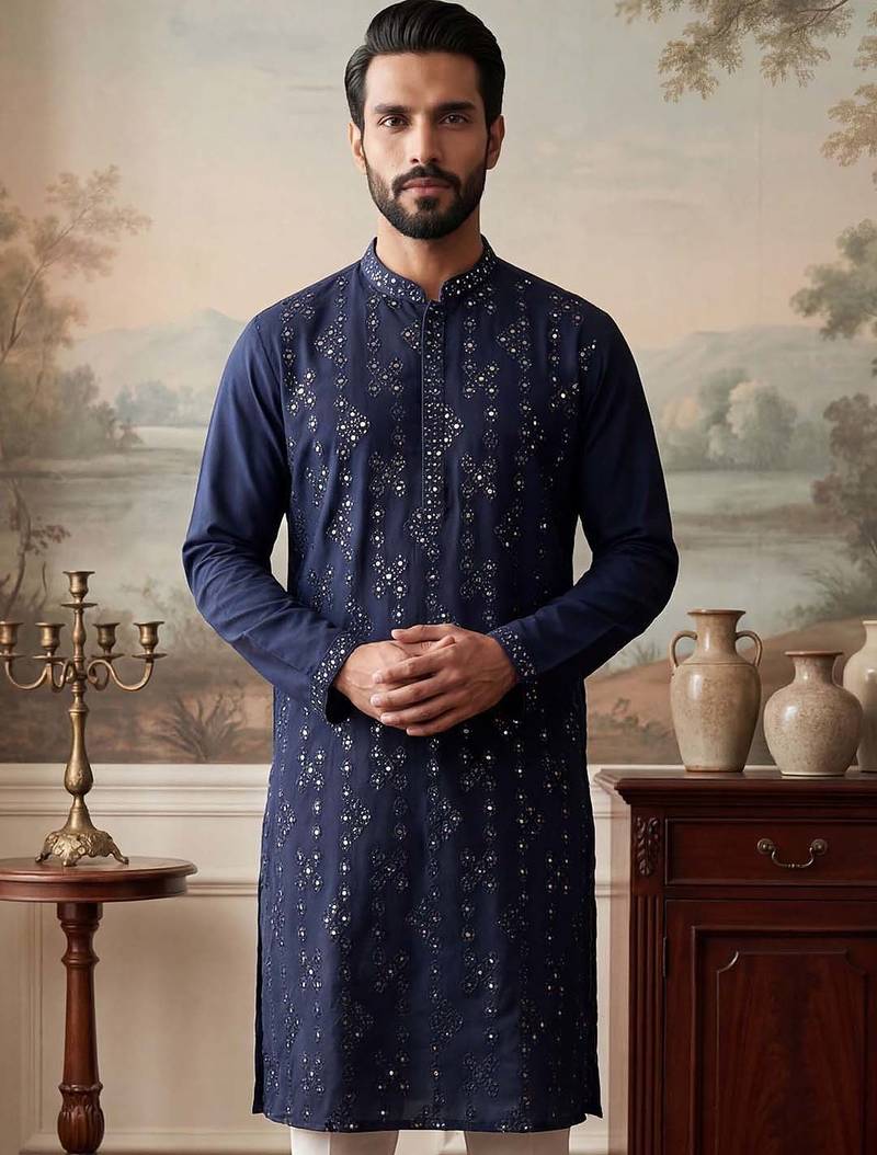 Mens blue silk blend solid embroidered kurta with trousers