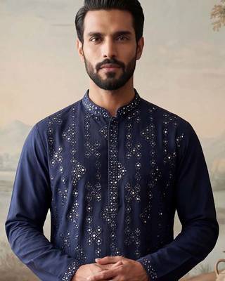Mens blue silk blend solid embroidered kurta with trousers 2
