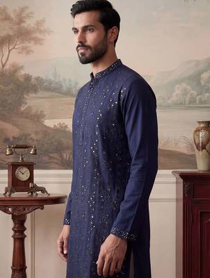 Mens blue silk blend solid embroidered kurta with trousers 3