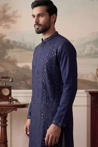 Mens blue silk blend solid embroidered kurta with trousers