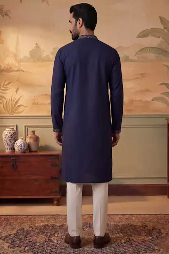 Mens blue silk blend solid embroidered kurta with trousers