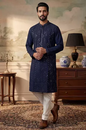 Mens blue silk blend solid embroidered kurta with trousers
