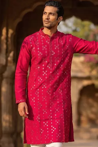 Mens pink silk blend solid embroidered kurta with trousers