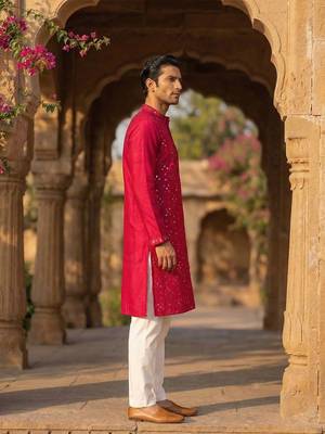 Mens pink silk blend solid embroidered kurta with trousers 3
