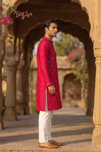 Mens pink silk blend solid embroidered kurta with trousers