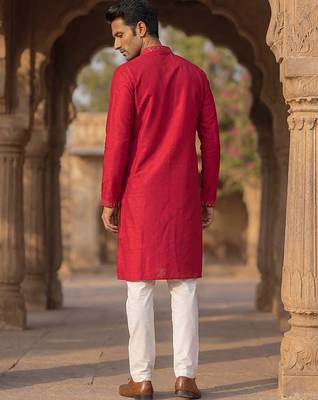 Mens pink silk blend solid embroidered kurta with trousers 4